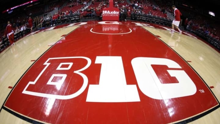 Dec 28, 2014; Madison, WI, USA; The Big Ten Conference logo on the Kohl Center Court during pre-game warm-ups before the Wisconsin Badgers take to the floor to play the Buffalo Bulls at the Kohl Center. Mandatory Credit: Mary Langenfeld-USA TODAY Sports