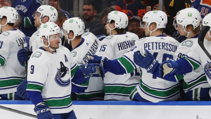 Apr 29, 2022; Edmonton, Alberta, CAN; The Vancouver Canucks celebrate a goal by forward J.T. Miller (9) during the first period against the Edmonton Oilers at Rogers Place. Mandatory Credit: Perry Nelson-USA TODAY Sports