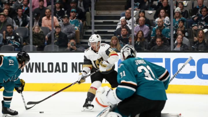 SAN JOSE, CALIFORNIA - MARCH 18: Jonathan Marchessault #81 of the Vegas Golden Knights lines up a shot and scores a goal on Martin Jones #31 of the San Jose Sharks at SAP Center on March 18, 2019 in San Jose, California. (Photo by Ezra Shaw/Getty Images)