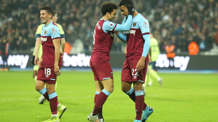 LONDON, ENGLAND - JANUARY 01: Sebastien Haller of West Ham United celebrates with Felipe Anderson after scoring his team's second goal during the Premier League match between West Ham United and AFC Bournemouth at London Stadium on January 01, 2020 in London, United Kingdom. (Photo by Warren Little/Getty Images)