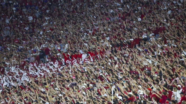 Sep 24, 2022; Norman, Oklahoma, USA; Oklahoma Sooners fans during the game against the Kansas State Wildcats at Gaylord Family-Oklahoma Memorial Stadium. Mandatory Credit: Kevin Jairaj-USA TODAY Sports