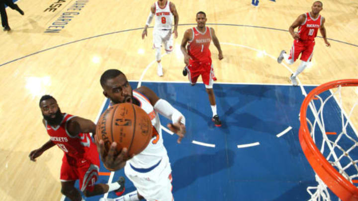 NEW YORK, NY – OCTOBER 09: Tim Hardaway Jr. #3 of the New York Knicks drives to the basket against the Houston Rockets during the preseason game on October 9, 2017 at Madison Square Garden in New York City, New York. Copyright 2017 NBAE (Photo by Nathaniel S. Butler/NBAE via Getty Images)