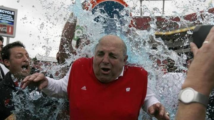 Jan 1, 2015; Tampa, FL, USA; Wisconsin Badgers head coach Barry Alvarez reacts as gatorade gets dumped on him after they beat the Auburn Tigers in the 2015 Outback Bowl at Raymond James Stadium. Wisconsin Badgers defeated the Auburn Tigers 34-31 in overtime. Mandatory Credit: Kim Klement-USA TODAY Sports