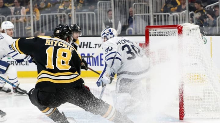 BOSTON, MA - OCTOBER 22: Boston Bruins right wing Brett Ritchie (18) slides the puck wide of goal during a game between the Boston Bruins and the Toronto Maple Leafs on October 22, 2019, at TD Garden in Boston, Massachusetts. (Photo by Fred Kfoury III/Icon Sportswire via Getty Images)