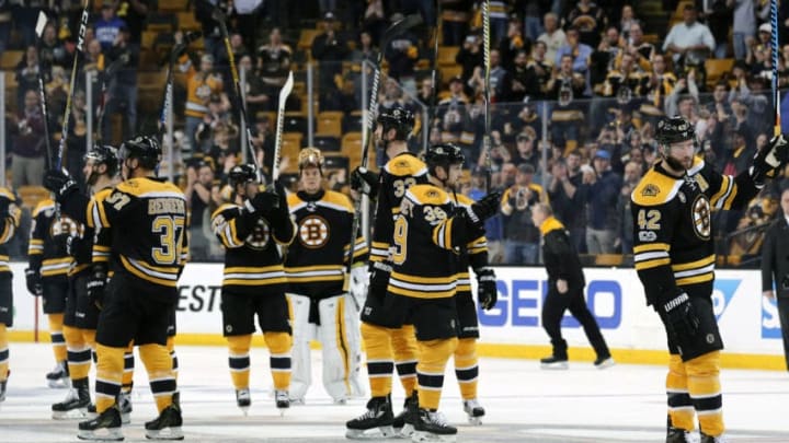 BOSTON, MA - APRIL 23: The bruins salute their fans after Game 6 of a first round NHL playoff series between the Boston Bruins and the Ottawa Senators on April 23, 2017, at TD Garden in Boston, Massachusetts. The Senators defeated the Bruins 3-2 (OT). (Photo by Fred Kfoury III/Icon Sportswire via Getty Images)