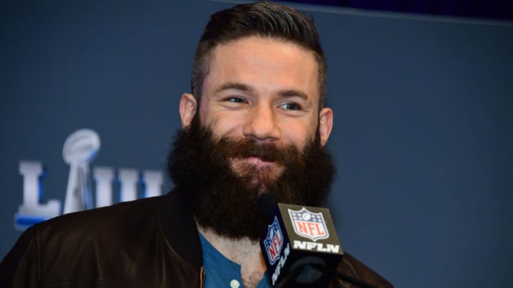 ATLANTA, GA - FEBRUARY 4: Julian Edelman of the New England Patriots is interviewed at a press conference naming him MVP of Super Bowl LIII on February 4, 2019 at the Georgia World Congress Center in Atlanta, Georgia. (Photo by Scott Cunningham/Getty Images)