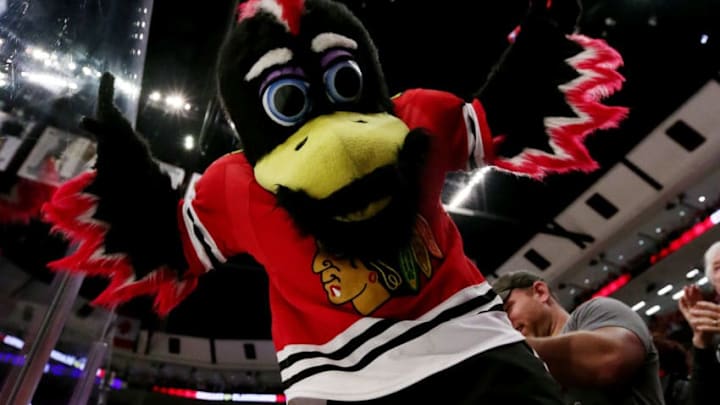 CHICAGO, IL - MAY 23: Chicago Blackhawks mascot "Tommy Hawk" celebrates after defeating the Anaheim Ducks 5-4 in double overtime in Game Four of the Western Conference Finals during the 2015 NHL Stanley Cup Playoffs at the United Center on May 23, 2015 in Chicago, Illinois. (Photo by Jonathan Daniel/Getty Images)