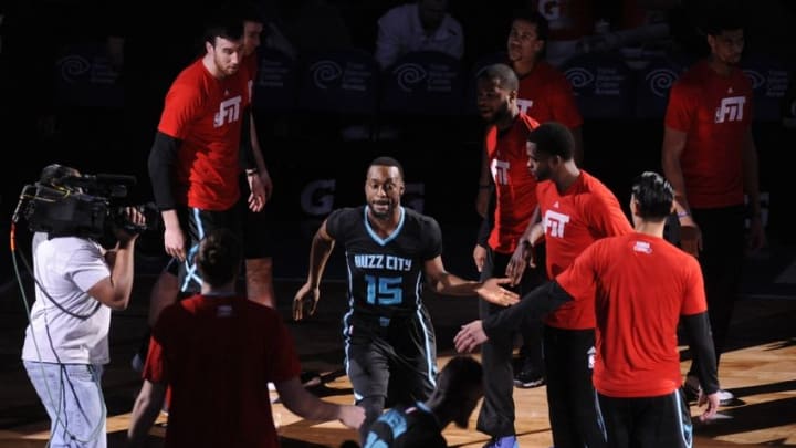 Jan 23, 2016; Charlotte, NC, USA; Charlotte Hornets guard Kemba Walker (15) during player introductions prior to the game against the New York Knicks at Time Warner Cable Arena. Mandatory Credit: Sam Sharpe-USA TODAY Sports