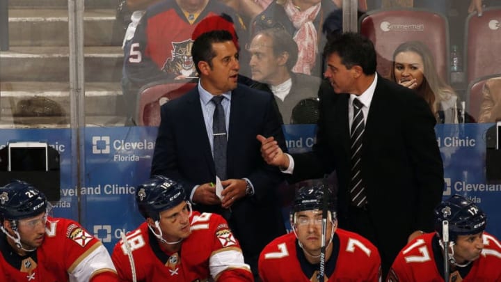 SUNRISE, FL - OCTOBER 20: Head Coach of the Florida Panthers Bob Boughner and Associate Coach Jack Capuano chat during a break in the action against the Pittsburgh Penguins at the BB&T Center on October 20, 2017 in Sunrise, Florida. (Photo by Eliot J. Schechter/NHLI via Getty Images)