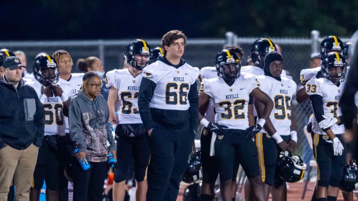 Five-star offensive tackle and LSU commit Will Campbell on the sidelines during the first half of the Neville playoff game against Carencro. Friday, Nov. 19, 2021. Neville Football 3007