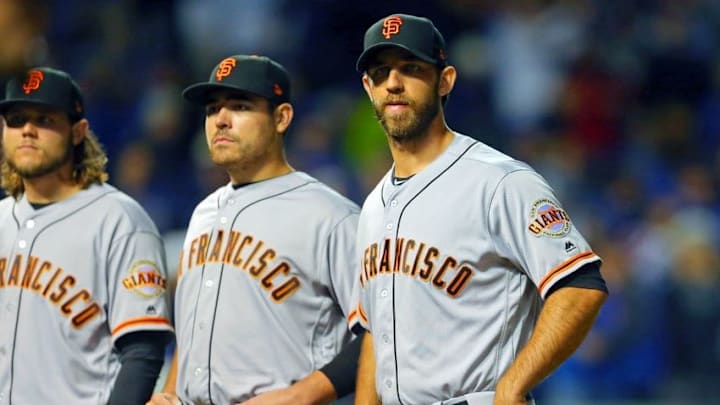 Oct 7, 2016; Chicago, IL, USA; San Francisco Giants starting pitcher Madison Bumgarner (R) stands with the pitching staff before game one of the 2016 NLDS playoff baseball series against the Chicago Cubs at Wrigley Field. Mandatory Credit: Dennis Wierzbicki-USA TODAY Sports