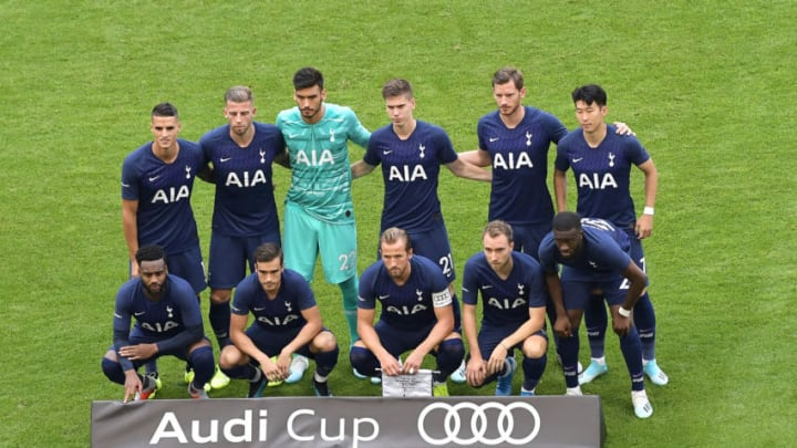 MUNICH, GERMANY - JULY 30: The players of Tottenham Hotspur: Danny Rose (first row, L-R), Harry Winks, Harry Kane, Christian Eriksen, Tanguy Ndombele, Erik Lamela (second row, L-R), Toby Albertine Alderweireld, goalkeeper Paulo Dino Gazzaniga, Juan Foyth, Jan Vertonghen and Heung-Min Son line up prior the Audi cup 2019 semi final match between Real Madrid and Tottenham Hotspur at Allianz Arena on July 30, 2019 in Munich, Germany. (Photo by Alexander Scheuber/Getty Images for AUDI)