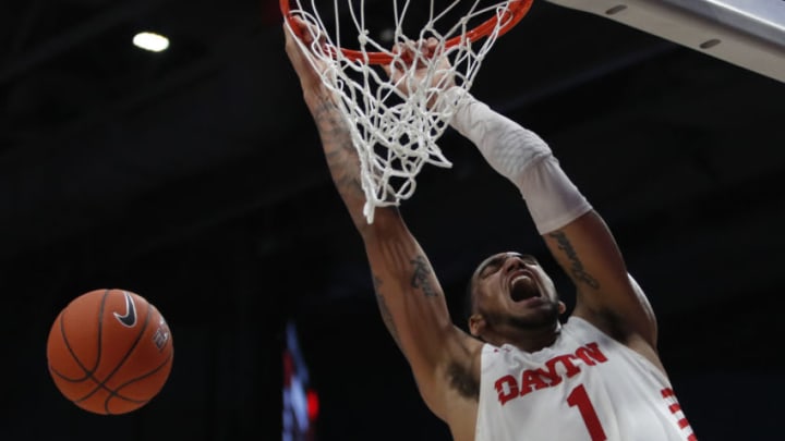 Feb 22, 2020; Dayton, Ohio, USA; Dayton Flyers forward Obi Toppin (1) dunks against the Duquesne Dukes during the second half at University of Dayton Arena. Mandatory Credit: David Kohl-USA TODAY Sports