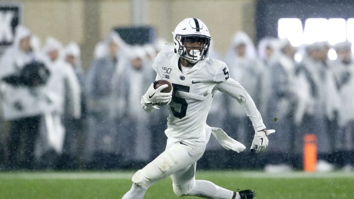 EAST LANSING, MI – OCTOBER 26: Wide receiver Jahan Dotson #5 of the Penn State Nittany Lions returns a punt against the Michigan State Spartans during the second half at Spartan Stadium on October 26, 2019 in East Lansing, Michigan. Penn State defeated Michigan State 28-7. (Photo by Duane Burleson/Getty Images)