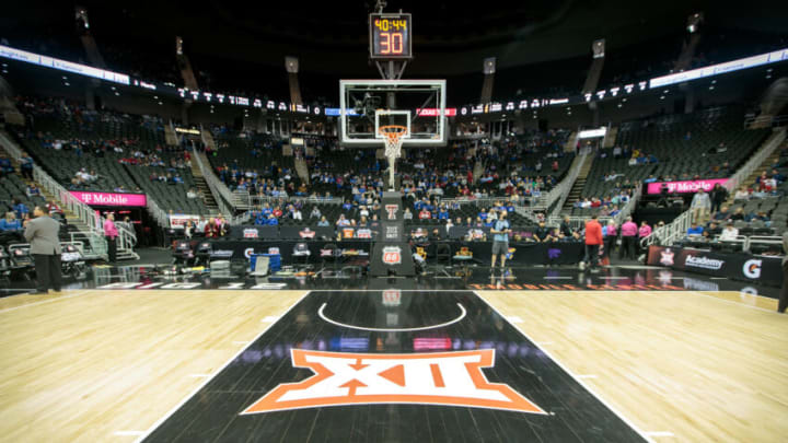 Mar 12, 2022; Kansas City, MO, USA; Big 12 logo in the paint prior to the game between the Kansas Jayhawks and the Texas Tech Red Raiders at T-Mobile Center. Mandatory Credit: William Purnell-USA TODAY Sports