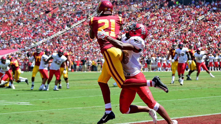 LOS ANGELES, CA - SEPTEMBER 01: Defensive back Jocquez Kalili #26 of the UNLV Rebels breaks up a pass in the end zone intended for wide receiver Tyler Vaughns #21 of the USC Trojans in the second quarter of the game at the Los Angeles Memorial Coliseum on September 1, 2018 in Los Angeles, California. (Photo by Jayne Kamin-Oncea/Getty Images)