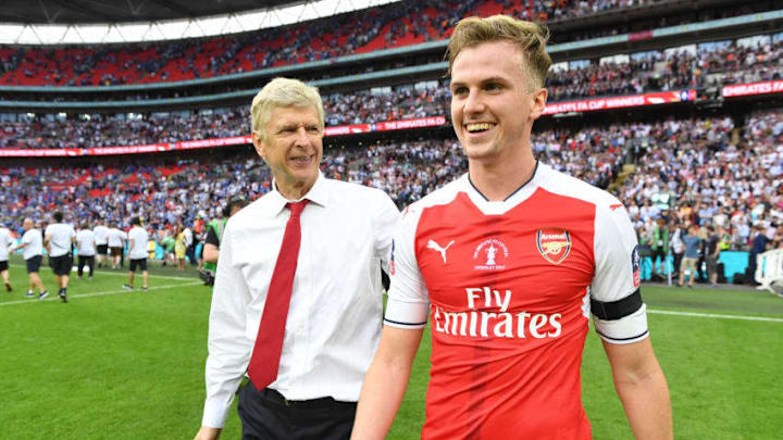 LONDON, ENGLAND - MAY 27: Arsenal manager Arsene Wenger with defender Rob Holding after the Emirates FA Cup Final between Arsenal and Chelsea at Wembley Stadium on May 27, 2017 in London, England. (Photo by Stuart MacFarlane/Arsenal FC via Getty Images)