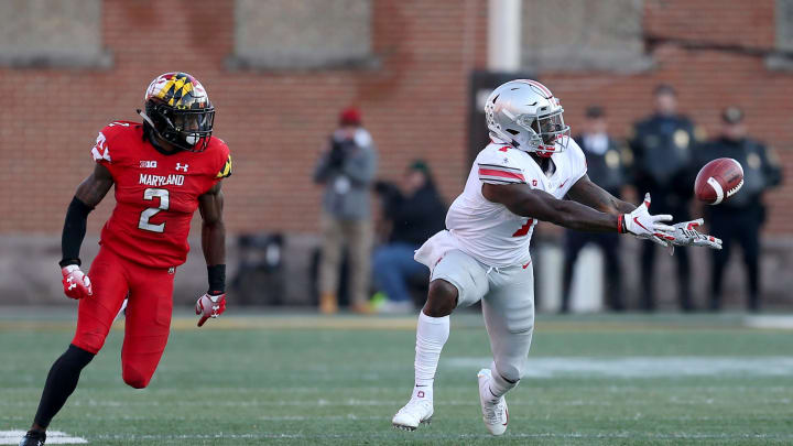 COLLEGE PARK, MD – NOVEMBER 17: Johnnie Dixon #1 of the Ohio State Buckeyes makes a catch past RaVon Davis #2 of the Maryland Terrapins during the second half at Capital One Field on November 17, 2018 in College Park, Maryland. (Photo by Will Newton/Getty Images)