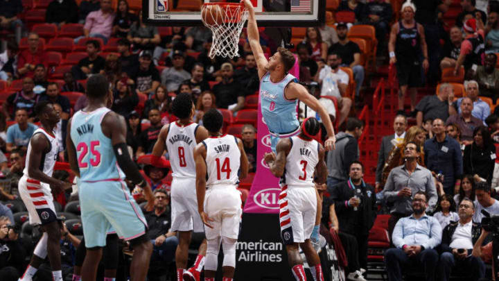Meyers Leonard #0 of the Miami Heat dunks the ball during the game against the Washington Wizards(Photo by Issac Baldizon/NBAE via Getty Images)