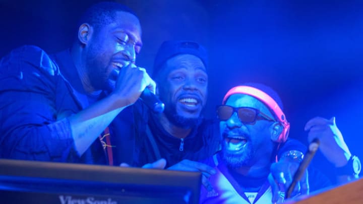 Dwyane Wade, Udonis Haslem and DJ Irie are seen during LYFE Brand x Dwyane Wade Jersey Retirement Celebration (Photo by Jason Koerner/Getty Images for LYFE Brand)