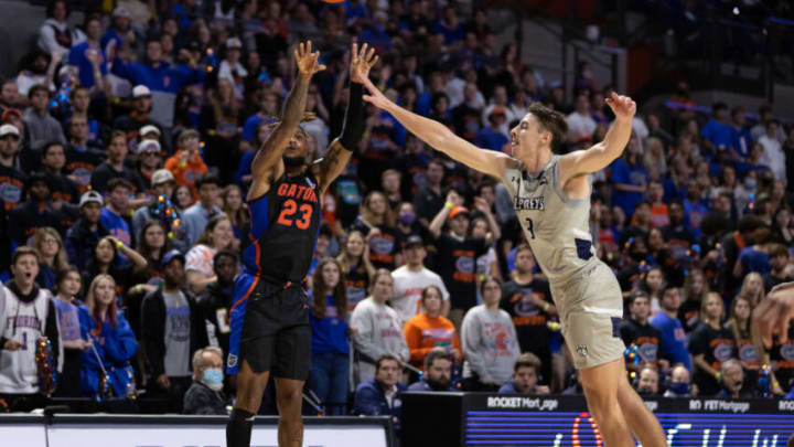 Dec 8, 2021; Gainesville, Florida, USA; Florida Gators guard Brandon McKissic (23) shoots the ball during the first half against the North Florida Ospreys at Billy Donovan Court at Exactech Arena. Mandatory Credit: Matt Pendleton-USA TODAY Sports