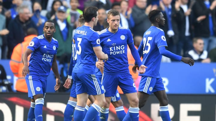 LEICESTER, ENGLAND - MARCH 30: Jamie Vardy of Leicester City celebrates with teammates after scoring his team's second goal during the Premier League match between Leicester City and AFC Bournemouth at The King Power Stadium on March 30, 2019 in Leicester, United Kingdom. (Photo by Michael Regan/Getty Images)