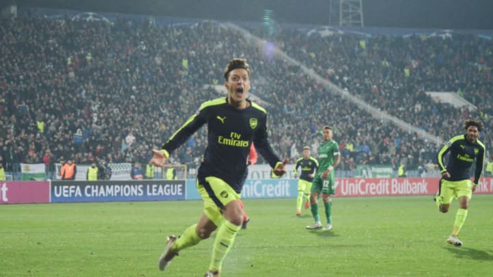 Mesut Ozil celebrating after scores a goal during the UEFA Champions League Group A football match between PFC Ludogorets 2:3 Arsenal at the Vasil Levski stadium on November 01, 2016 in Sofia, Bulgaria. (Photo by Hristo Rusev/NurPhoto via Getty Images)