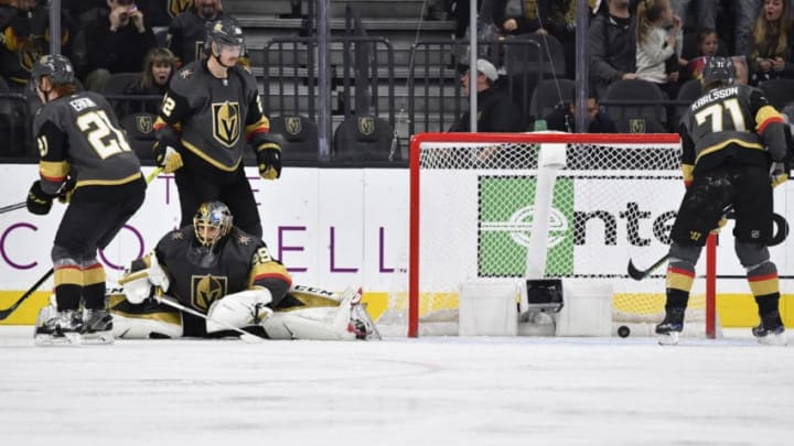 LAS VEGAS, NEVADA - NOVEMBER 23: Marc-Andre Fleury #29 of the Vegas Golden Knights reacts after allowing a goal during the third period against the Edmonton Oilers at T-Mobile Arena on November 23, 2019 in Las Vegas, Nevada. (Photo by Jeff Bottari/NHLI via Getty Images)