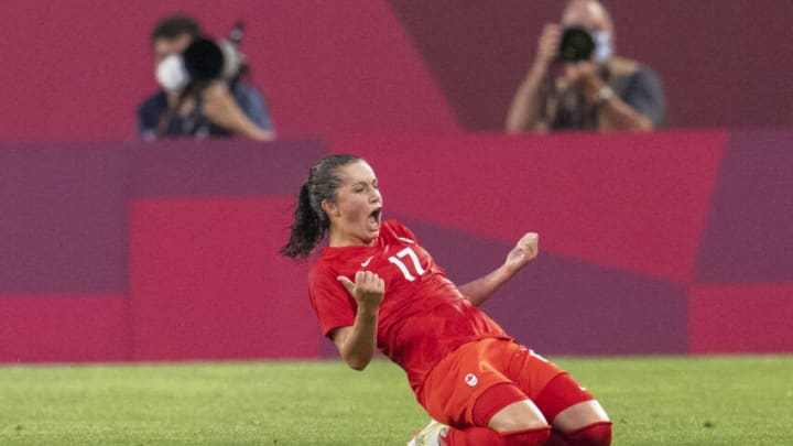 Jessie Fleming #17 of Canada and Chelsea celebrates her goal during a game between Canada and USWNT at Kashima Soccer Stadium on August 2, 2021 in Kashima, Japan. (Photo by Brad Smith/ISI Photos/Getty Images)