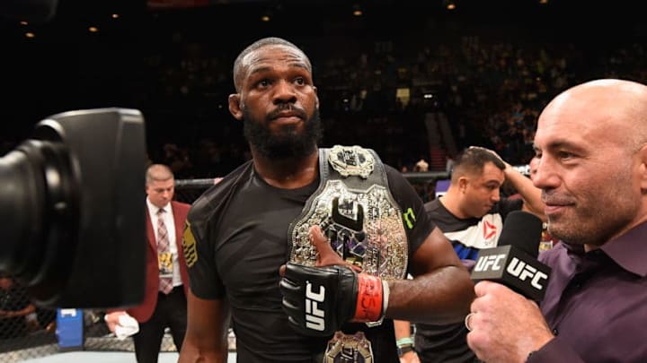 LAS VEGAS, NV - APRIL 23: Jon Jones celebrates his victory over Ovince Saint Preux after their interim UFC light heavyweight championship bout during the UFC 197 event inside MGM Grand Garden Arena on April 23, 2016 in Las Vegas, Nevada. (Photo by Josh Hedges/Zuffa LLC/Zuffa LLC via Getty Images)