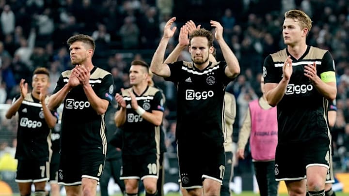 LONDON, UNITED KINGDOM - APRIL 30: (L-R) Klaas Jan Huntelaar of Ajax, Daley Blind of Ajax , Matthijs de Ligt of Ajax celebrate the victory during the UEFA Champions League match between Tottenham Hotspur v Ajax at the Tottenham Hotspur Stadium on April 30, 2019 in London United Kingdom (Photo by Soccrates/Getty Images)