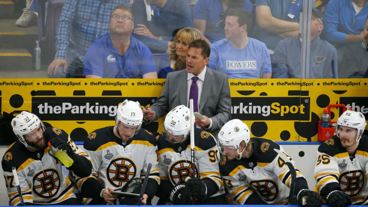 ST LOUIS, MISSOURI - JUNE 03: Head Coach Bruce Cassidy of the Boston Bruins looks on from the bench during the game against the St. Louis Blues in Game Four of the 2019 NHL Stanley Cup Final at Enterprise Center on June 03, 2019 in St Louis, Missouri. (Photo by Dilip Vishwanat/Getty Images)