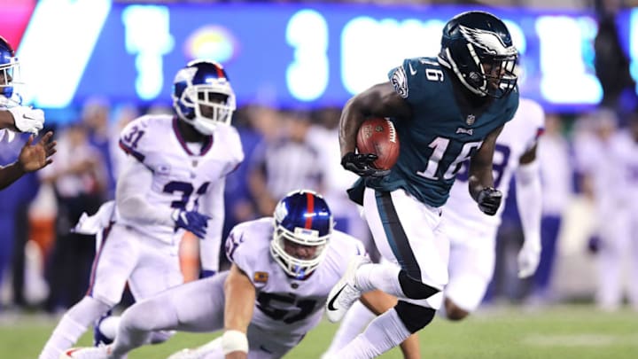 EAST RUTHERFORD, NJ - OCTOBER 11: DeAndre Carter #16 of the Philadelphia Eagles rushes against the New York Giants at MetLife Stadium on October 11, 2018 in East Rutherford, New Jersey. (Photo by Elsa/Getty Images)