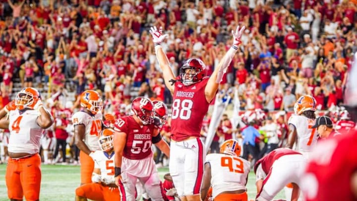 Indiana's AJ Barner celebrates Shaun Shivers (2) scoring the winning touchdown during the Indiana versus Illinois football game at Memorial Stadium on Friday, Sept. 2, 2022.Iu Il 2h Barner Cele