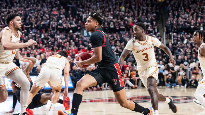 LUBBOCK, TEXAS – FEBRUARY 01: Guard Terrence Shannon #1 of the Texas Tech Red Raiders handles the ball during the second half of the college basketball game against the Texas Longhorns at United Supermarkets Arena on February 01, 2022 in Lubbock, Texas. (Photo by John E. Moore III/Getty Images)