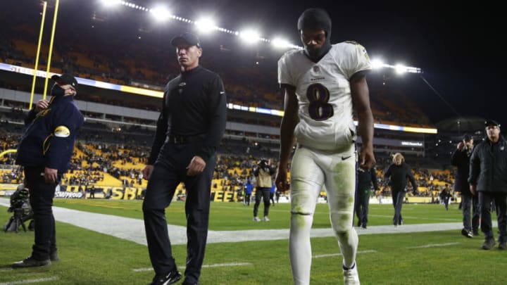 PITTSBURGH, PENNSYLVANIA - DECEMBER 05: Lamar Jackson #8 of the Baltimore Ravens walks off the field after a loss against the Pittsburgh Steelers at Heinz Field on December 05, 2021 in Pittsburgh, Pennsylvania. (Photo by Justin K. Aller/Getty Images)