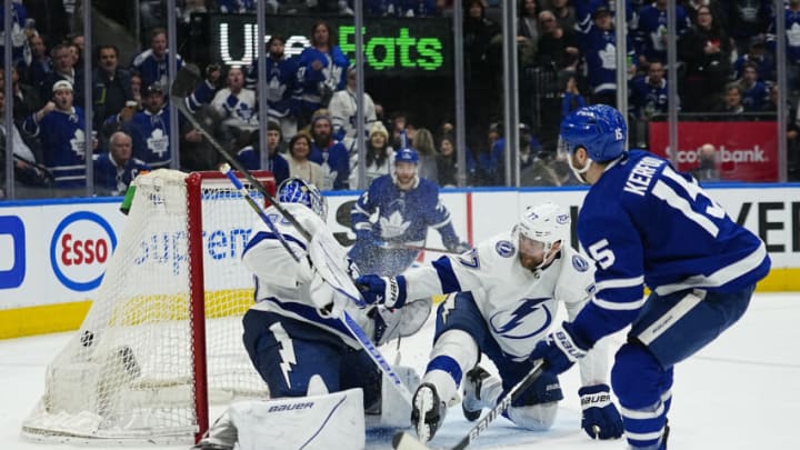 May 4, 2022; Toronto, Ontario, CAN; Toronto Maple Leafs forward Alexander Kerfoot (15) scores on Tampa Bay Lightning goaltender Andrei Vasilevskiy (88) and defenseman Victor Hedman (77) during the third period of game two of the first round of the 2022 Stanley Cup Playoffs at Scotiabank Arena. Mandatory Credit: John E. Sokolowski-USA TODAY Sports