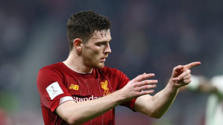 DOHA, QATAR - DECEMBER 21: Andy Robertson of Liverpool looks on during the FIFA Club World Cup Qatar 2019 Final between Liverpool FC and CR Flamengo at Education City Stadium on December 21, 2019 in Doha, Qatar. (Photo by Francois Nel/Getty Images)