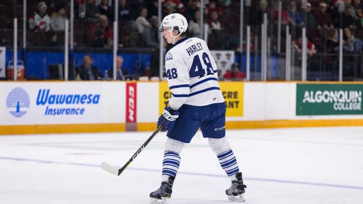 OTTAWA, ON – MARCH 03: Mississauga Steelheads Defenceman Thomas Harley (48) keeps eyes on the play during Ontario Hockey League action between the Mississauga Steelheads and Ottawa 67’s on March 3, 2019, at TD Place Arena in Ottawa, ON, Canada. (Photo by Richard A. Whittaker/Icon Sportswire via Getty Images)