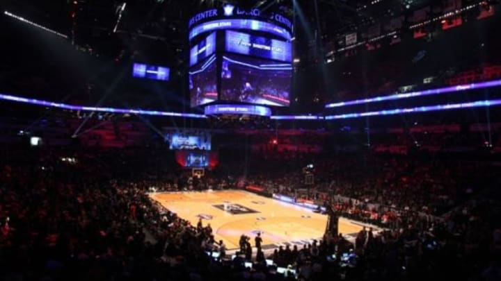 Feb 14, 2015; New York, NY, USA; View of the Arena during the 2015 NBA All Star Shooting Stars competition at Barclays Center. Mandatory Credit: Brad Penner-USA TODAY Sports
