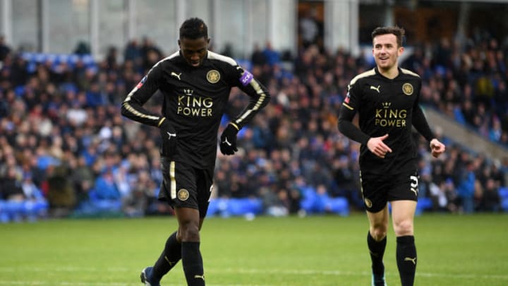 PETERBOROUGH, ENGLAND - JANUARY 27: Wilfred Ndidi of Leicester City celebrates with teammate Ben Chilwell after scoring his sides fifth goal during The Emirates FA Cup Fourth Round match between Peterborough United and Leicester City at ABAX Stadium on January 27, 2018 in Peterborough, England (Photo by Michael Regan/Getty Images)