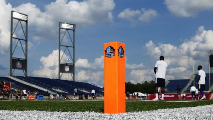 CANTON, OH - AUGUST 03: General view as players begin to warm up prior to the NFL Hall of Fame preseason game between the Dallas Cowboys and Arizona Cardinals at Tom Benson Hall of Fame Stadium on August 3, 2017 in Canton, Ohio. (Photo by Joe Robbins/Getty Images)