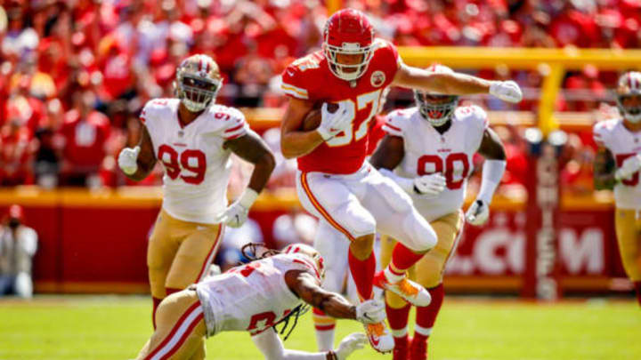 KANSAS CITY, MO – SEPTEMBER 23: Richard Sherman #25 of the San Francisco 49ers makes a shoestring tackle on Travis Kelce #87 of the Kansas City Chiefs during the second quarter of the game at Arrowhead Stadium on September 23rd, 2018 in Kansas City, Missouri. (Photo by Peter Aiken/Getty Images)