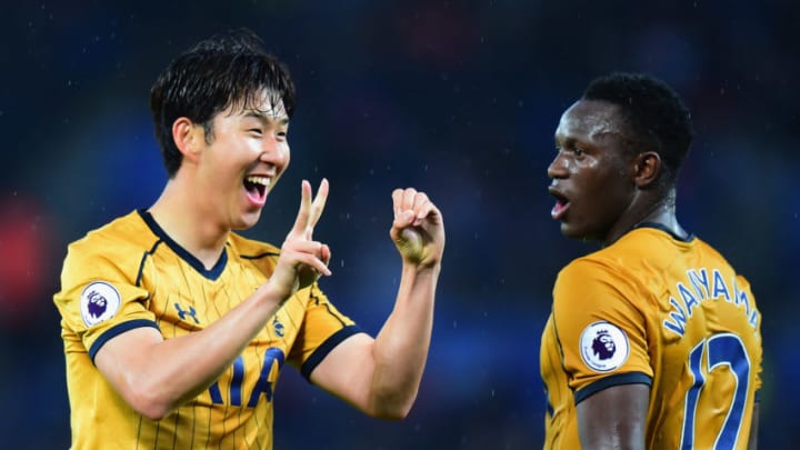 LEICESTER, ENGLAND - MAY 18: Heung-Min Son of Tottenham Hotspur celebrates with Victor Wanyama as he scores their second goal during the Premier League match between Leicester City and Tottenham Hotspur at The King Power Stadium on May 18, 2017 in Leicester, England. (Photo by Tony Marshall/Getty Images)