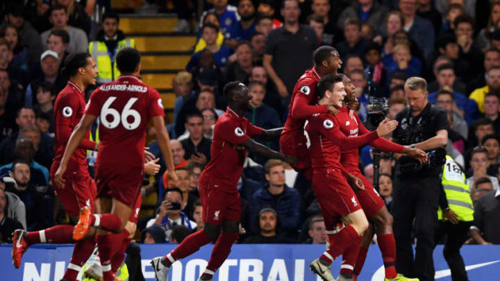 LONDON, ENGLAND - SEPTEMBER 29: Daniel Sturridge of Liverpool celebrates with teammates after scoring the equalising goal during the Premier League match between Chelsea FC and Liverpool FC at Stamford Bridge on September 29, 2018 in London, United Kingdom. (Photo by Mike Hewitt/Getty Images)