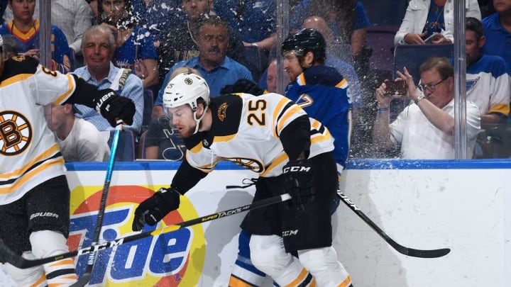 ST. LOUIS, MO - JUNE 9: Brandon Carlo #25 of the Boston Bruins checks Jaden Schwartz #17 of the St. Louis Blues in Game Six of the 2019 NHL Stanley Cup Final at Enterprise Center on June 9, 2019 in St. Louis, Missouri. (Photo by Scott Rovak/NHLI via Getty Images)