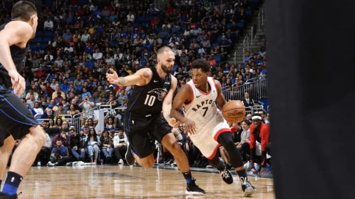 ORLANDO, FL - NOVEMBER 20: Kyle Lowry #7 of the Toronto Raptors drives to the basket against the Orlando Magic on November 20, 2018 at Amway Center in Orlando, Florida. NOTE TO USER: User expressly acknowledges and agrees that, by downloading and or using this photograph, User is consenting to the terms and conditions of the Getty Images License Agreement. Mandatory Copyright Notice: Copyright 2018 NBAE (Photo by Fernando Medina/NBAE via Getty Images)