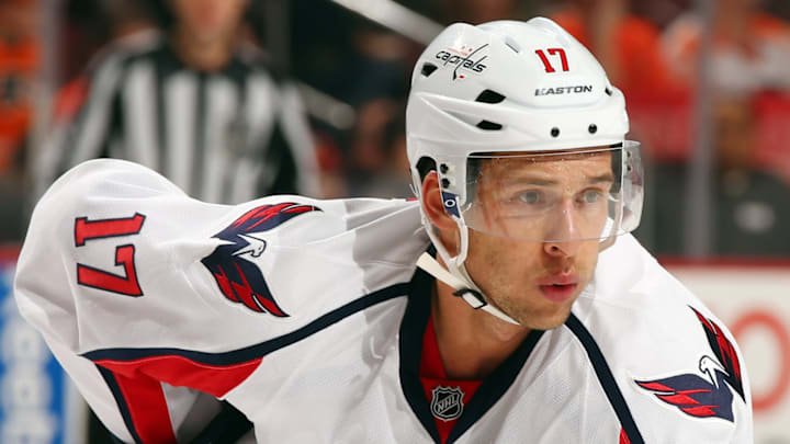 PHILADELPHIA, PA – FEBRUARY 27: Wojtek Wolski #17 of the Washington Capitals looks on before a face off against the Philadelphia Flyers on February 27, 2013 at the Wells Fargo Center in Philadelphia, Pennsylvania. The Philadelphia Flyers defeated the Washington Capitals 4-1. (Photo by Elsa/Getty Images)