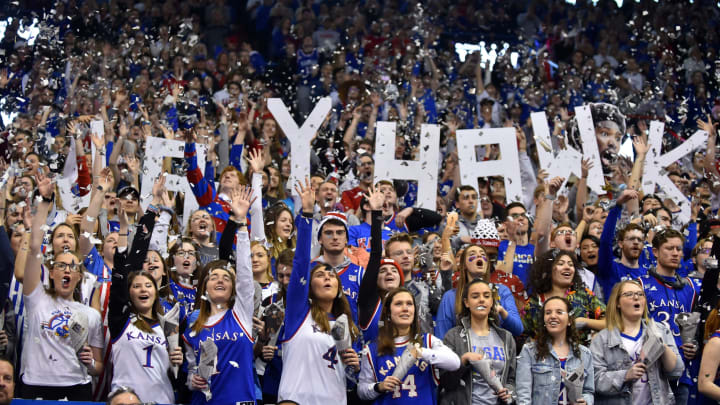 LAWRENCE, KANSAS – FEBRUARY 09: Kansas Jayhawks fans cheer for their team during a game against the Oklahoma State Cowboys in the first half at Allen Fieldhouse on February 09, 2019 in Lawrence, Kansas. (Photo by Ed Zurga/Getty Images)