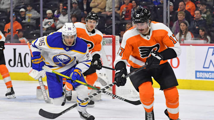 Apr 17, 2022; Philadelphia, Pennsylvania, USA; Buffalo Sabres left wing Anders Bjork (96) and Philadelphia Flyers center Zack MacEwen (17) at Wells Fargo Center. Mandatory Credit: Eric Hartline-USA TODAY Sports